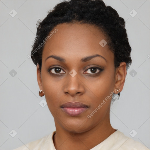 Neutral black young-adult female with short  black hair and brown eyes