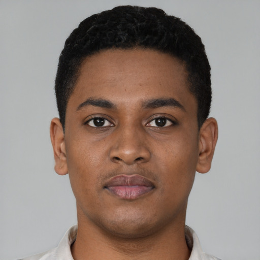Neutral black young-adult male with short  black hair and brown eyes