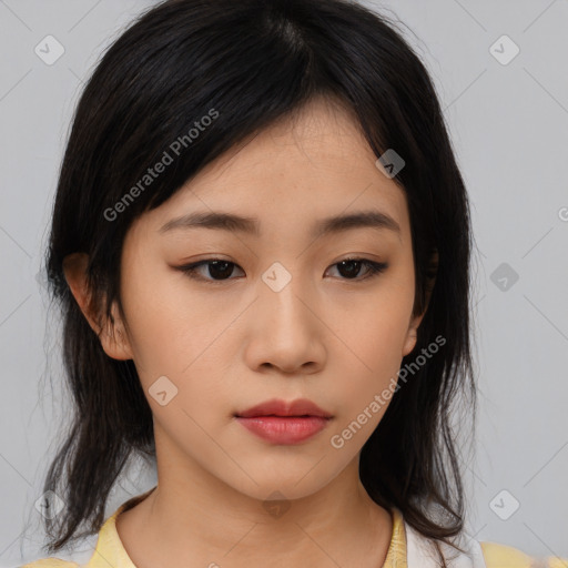 Neutral asian young-adult female with medium  black hair and brown eyes