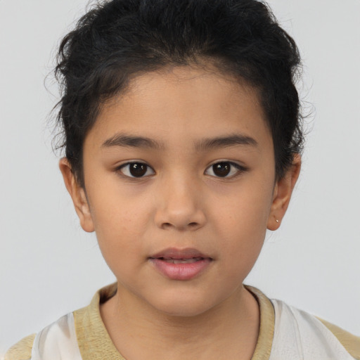 Neutral latino child female with short  brown hair and brown eyes