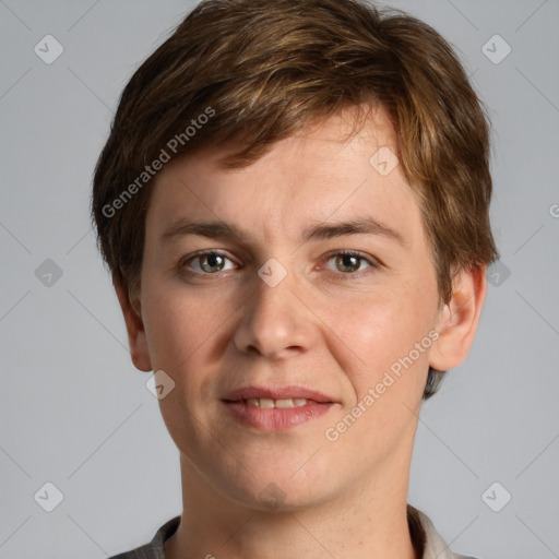 Joyful white adult male with short  brown hair and grey eyes