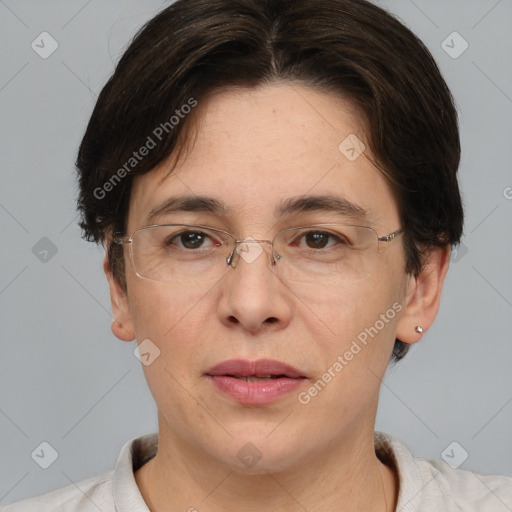 Joyful white adult female with short  brown hair and brown eyes