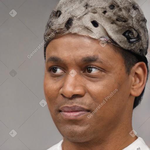 Joyful black adult male with short  black hair and brown eyes