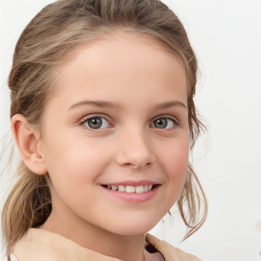 Joyful white child female with medium  brown hair and grey eyes