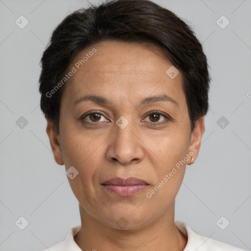 Joyful white adult female with short  brown hair and brown eyes