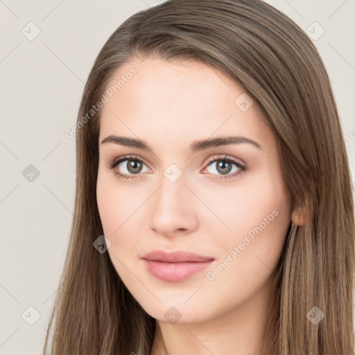 Neutral white young-adult female with long  brown hair and brown eyes