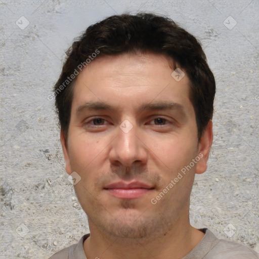 Neutral white young-adult male with short  brown hair and brown eyes