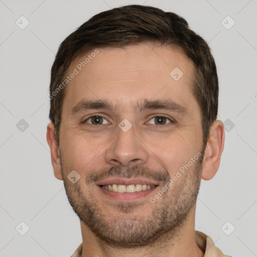 Joyful white young-adult male with short  brown hair and brown eyes