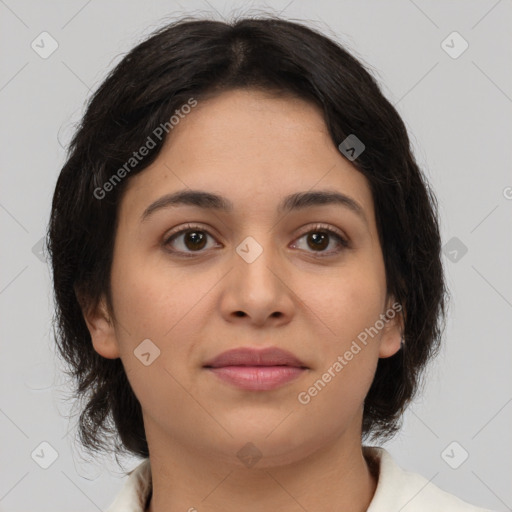 Joyful asian young-adult female with medium  brown hair and brown eyes