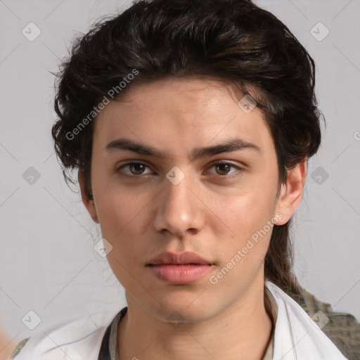 Neutral white young-adult female with medium  brown hair and brown eyes