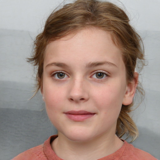 Neutral white child female with medium  brown hair and blue eyes