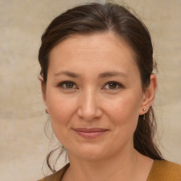 Joyful white adult female with medium  brown hair and brown eyes