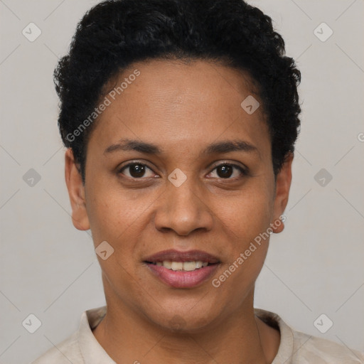 Joyful black young-adult female with short  black hair and brown eyes