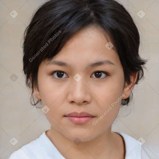 Neutral asian young-adult female with medium  brown hair and brown eyes