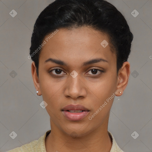 Joyful latino young-adult female with short  black hair and brown eyes