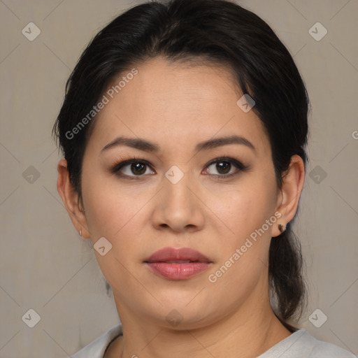 Joyful white young-adult female with medium  brown hair and brown eyes