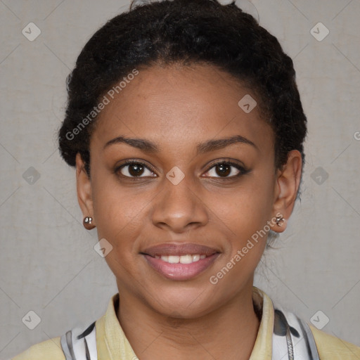 Joyful latino young-adult female with short  black hair and brown eyes