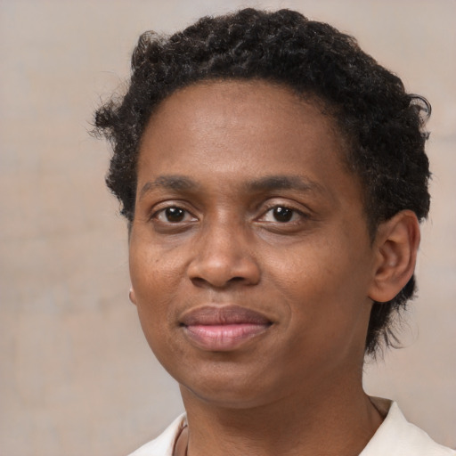 Joyful black young-adult male with short  brown hair and brown eyes