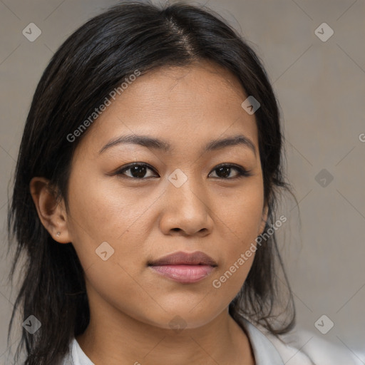 Neutral asian young-adult female with medium  brown hair and brown eyes