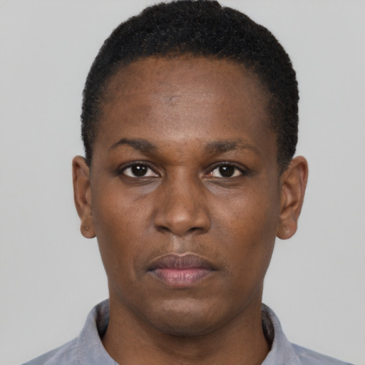 Neutral black young-adult male with short  black hair and brown eyes
