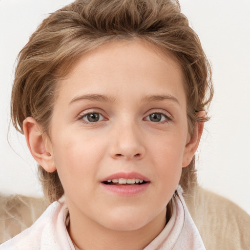 Joyful white child female with medium  brown hair and blue eyes