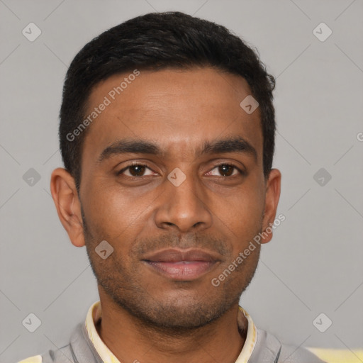 Neutral latino young-adult male with short  brown hair and brown eyes