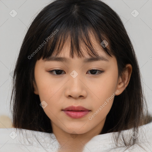 Neutral asian young-adult female with medium  brown hair and brown eyes