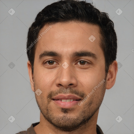 Joyful white young-adult male with short  black hair and brown eyes