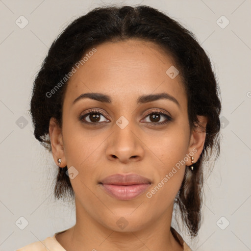 Joyful latino young-adult female with medium  brown hair and brown eyes