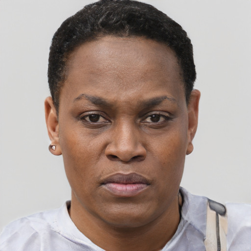 Joyful black young-adult female with short  brown hair and brown eyes