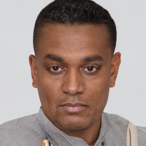 Neutral black young-adult male with short  black hair and brown eyes
