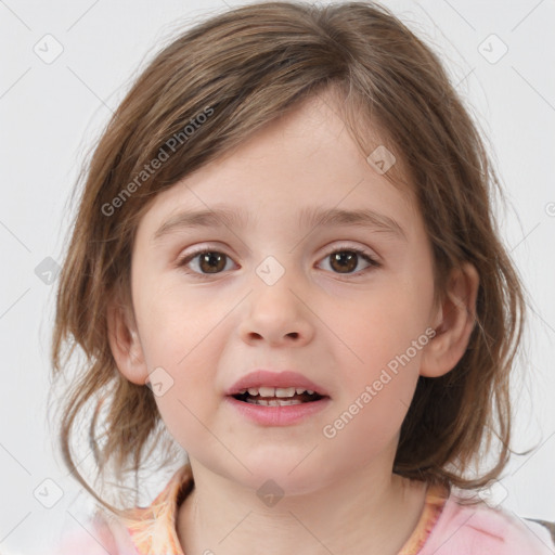 Joyful white child female with medium  brown hair and grey eyes