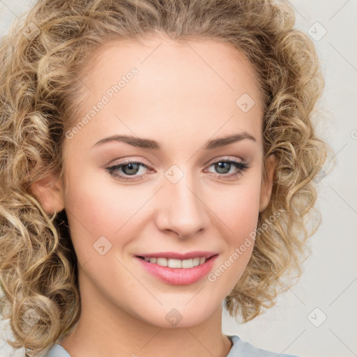 Joyful white young-adult female with medium  brown hair and green eyes