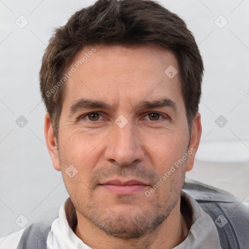 Neutral white adult male with short  brown hair and brown eyes