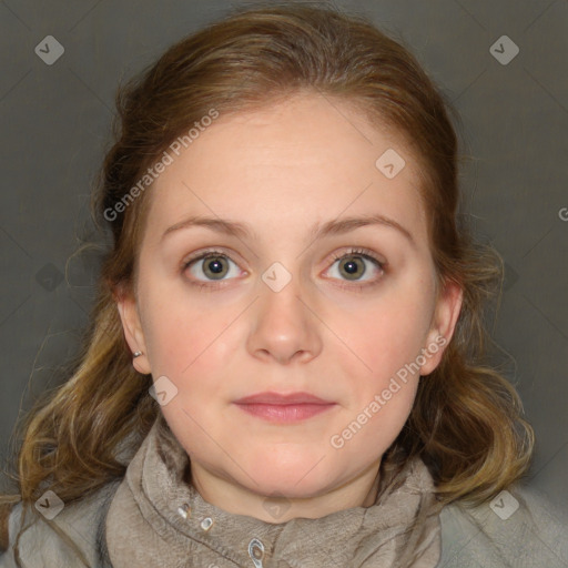 Neutral white young-adult female with medium  brown hair and blue eyes