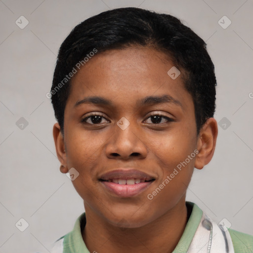 Joyful black young-adult female with short  black hair and brown eyes