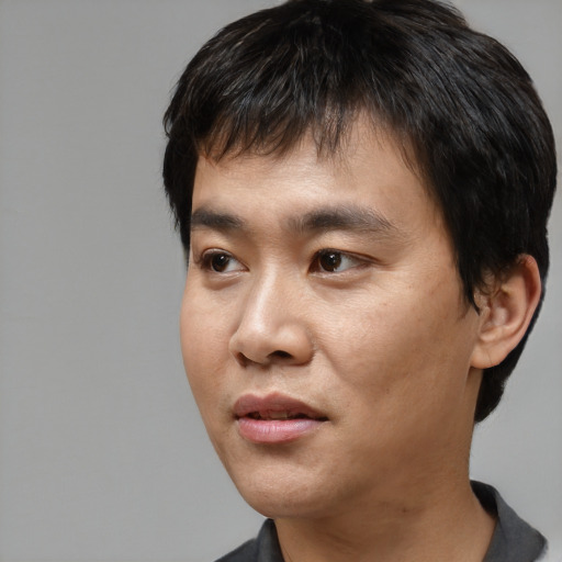 Neutral asian young-adult male with short  black hair and brown eyes