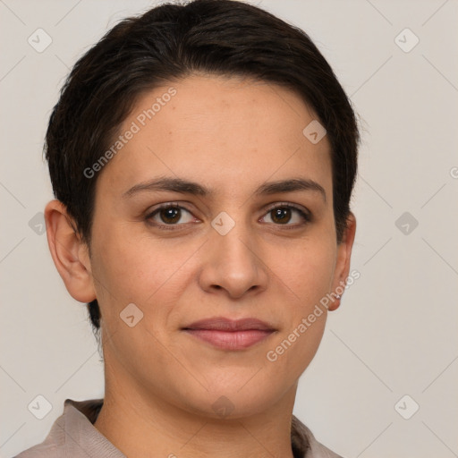 Joyful white young-adult female with short  brown hair and brown eyes