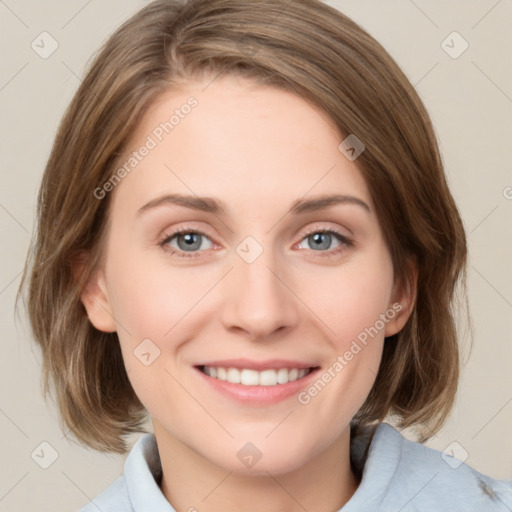 Joyful white young-adult female with medium  brown hair and blue eyes