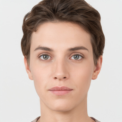 Neutral white young-adult female with short  brown hair and brown eyes