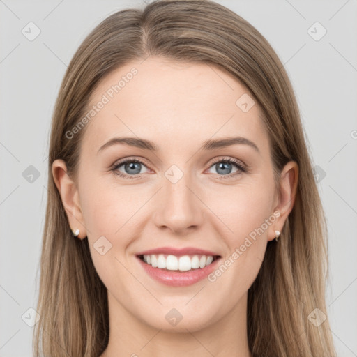 Joyful white young-adult female with long  brown hair and grey eyes