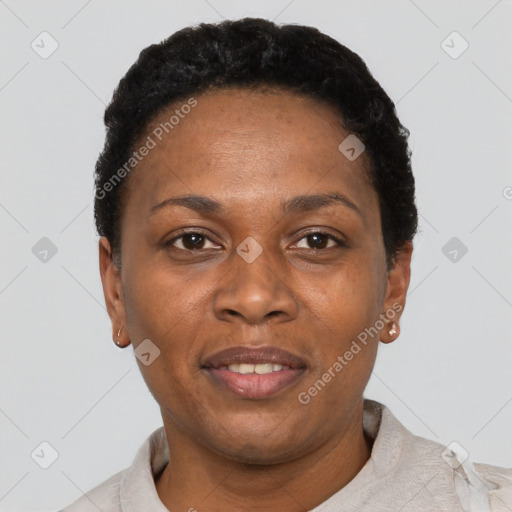 Joyful black adult female with short  black hair and brown eyes