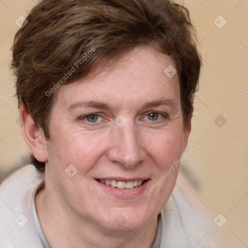 Joyful white adult female with short  brown hair and grey eyes