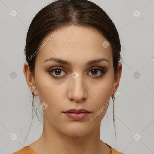 Neutral white young-adult female with short  brown hair and brown eyes