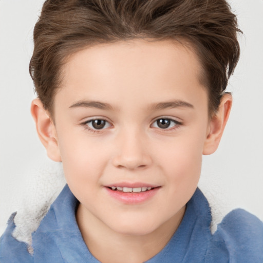 Joyful white child female with short  brown hair and brown eyes