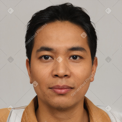 Neutral asian young-adult male with short  black hair and brown eyes