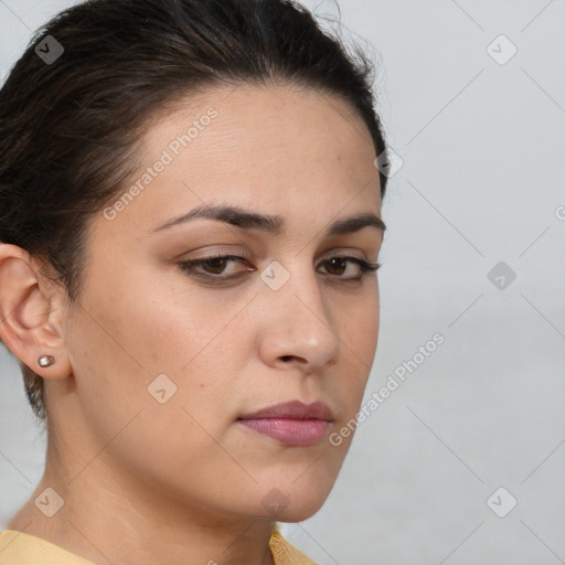 Neutral white young-adult female with medium  brown hair and brown eyes