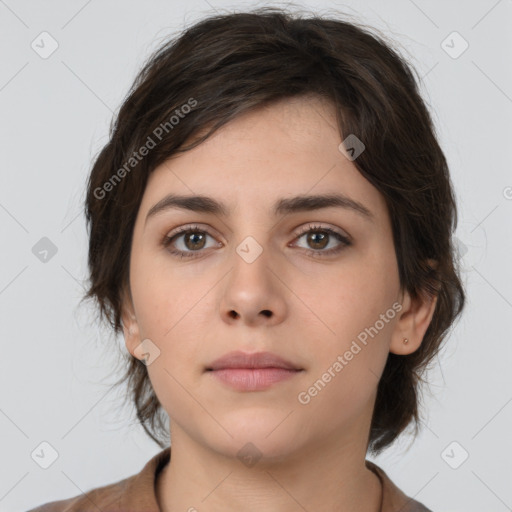 Neutral white young-adult female with medium  brown hair and brown eyes