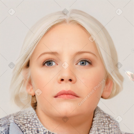 Neutral white young-adult female with medium  blond hair and blue eyes