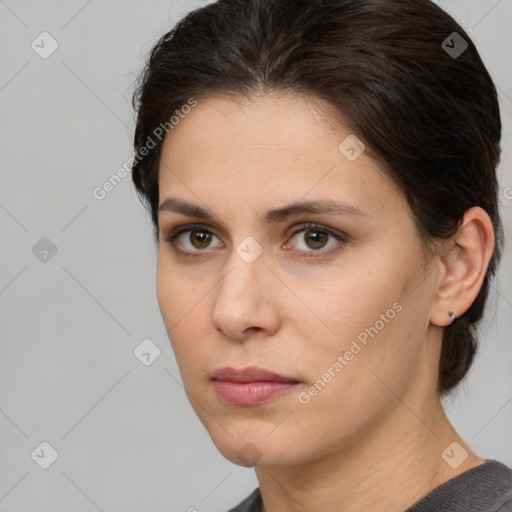 Neutral white young-adult female with medium  brown hair and brown eyes